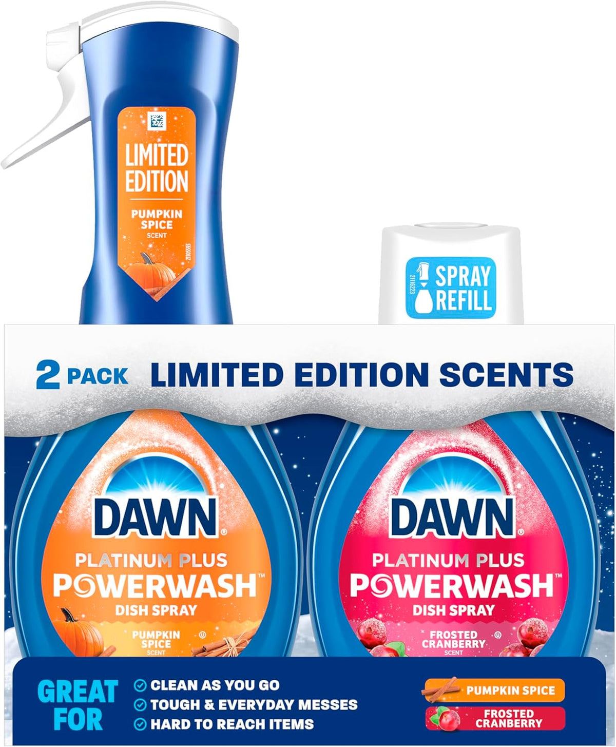 Dawn Powerwash Spray, Dish Soap, Dishwashing Liquid, Pumpkin Spice + Frosted Cranberry, 1 Starter Kit + 1 Refill, 2x16 Fl Oz